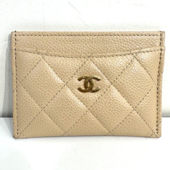 CHANEL Accessories - Chanel Card Case Holder Wallet Beige Caviar Leather Gold Hardware
